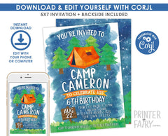 Camping Birthday Invitation Editable Template (Instant Download)