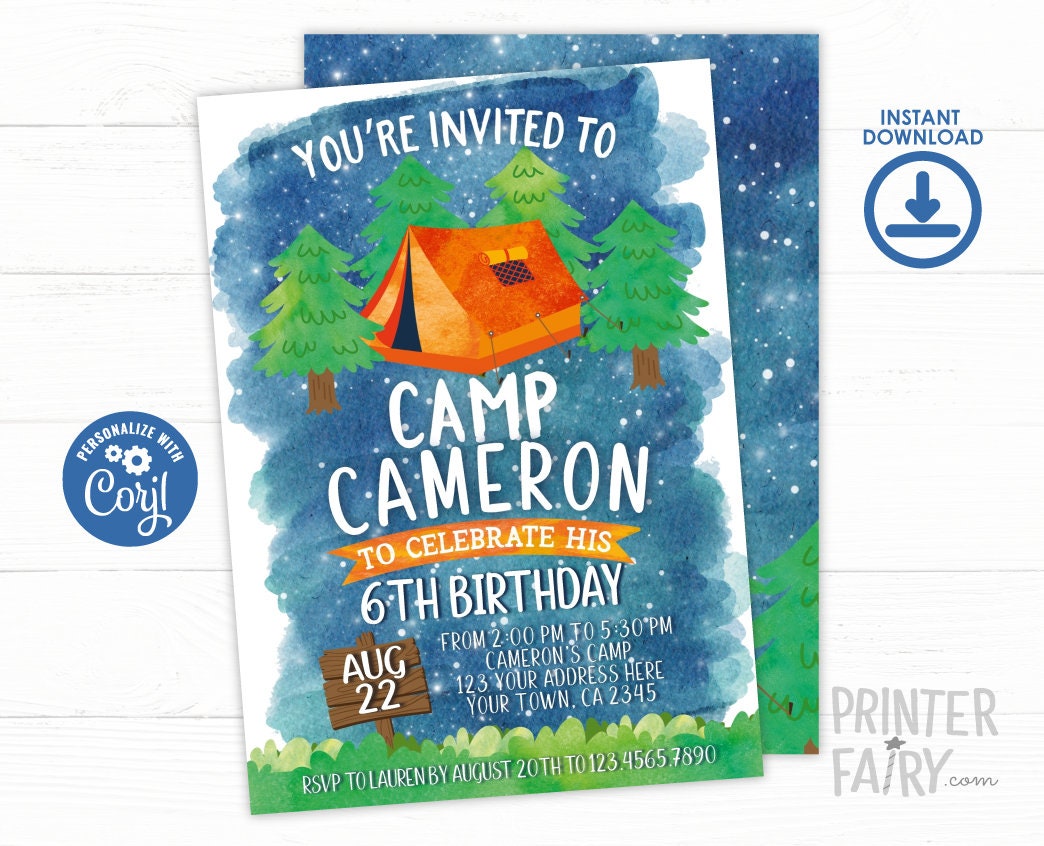 Camping Birthday Invitation Editable Template (Instant Download)