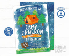Camping Birthday Invitation Editable Template (Instant Download)