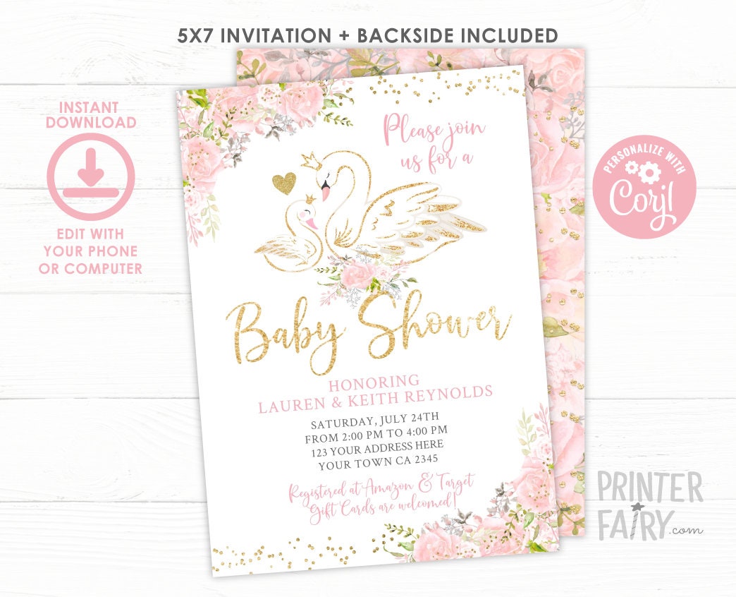 Swan Baby Shower Invitation Editable Template, INSTANT DOWNLOAD