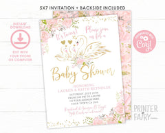 Swan Twins Baby Shower Invitation Editable Template, INSTANT DOWNLOAD