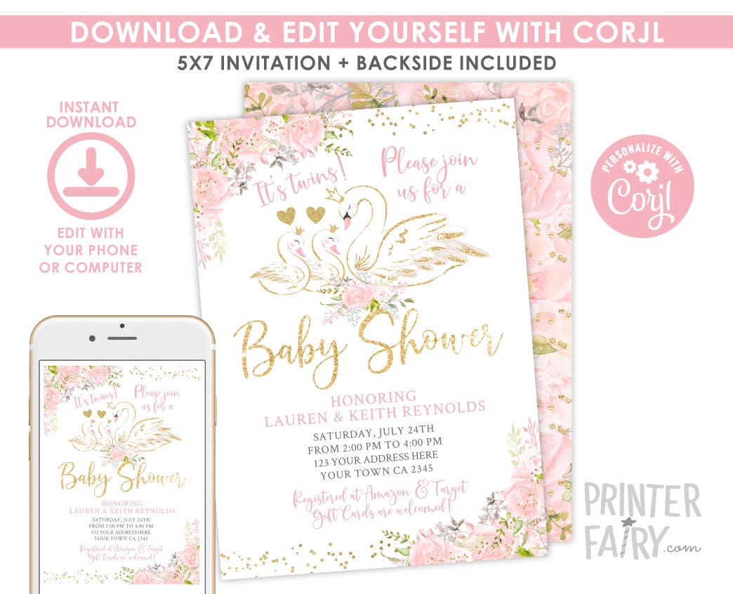 Swan Twins Baby Shower Invitation Editable Template, INSTANT DOWNLOAD