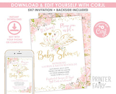 Swan Twins Baby Shower Invitation Editable Template, INSTANT DOWNLOAD