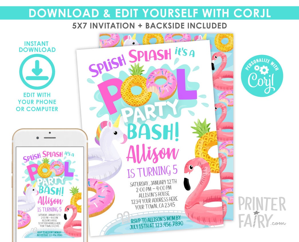 Pool Party Invitation EDITABLE Template for Any Age, INSTANT DOWNLOAD