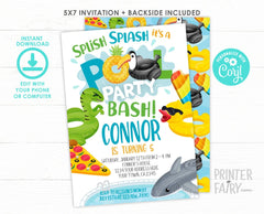 Pool Party Invitation, Shark, Dinosaur, Summer Birthday (EDITABLE, Instant Download)