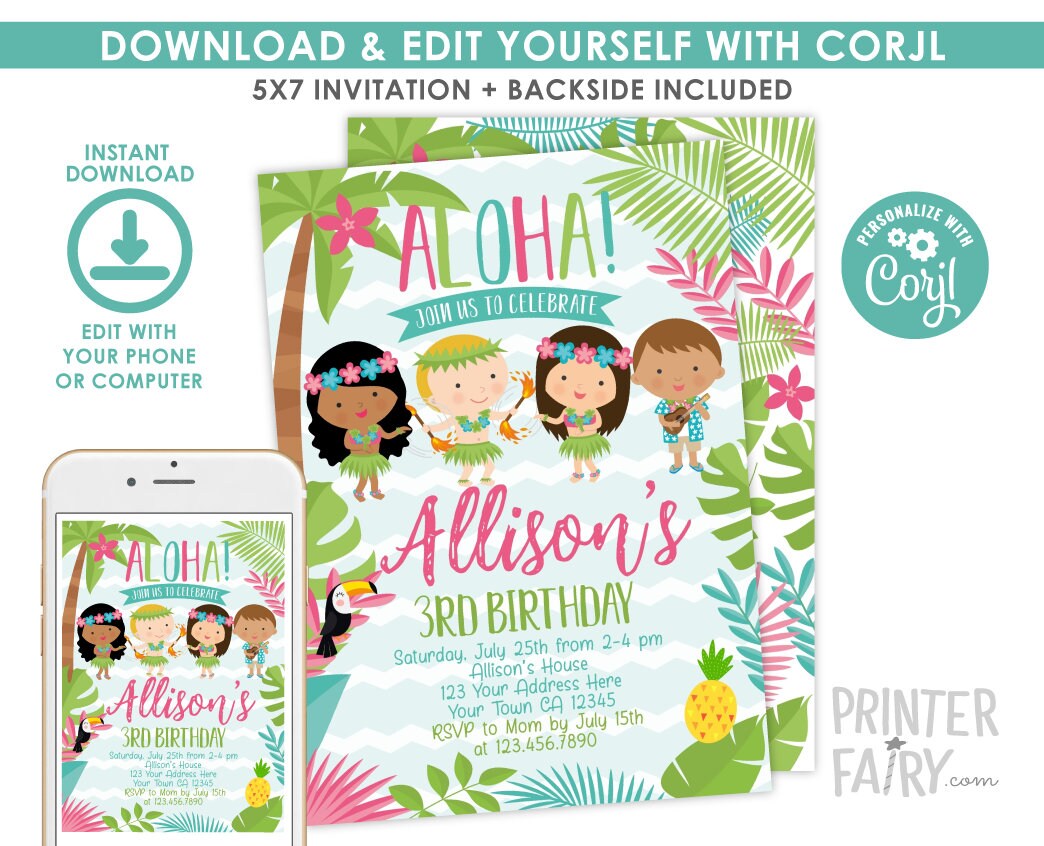 Luau Birthday Invitation, Tropical Beach Party, Editable (Digital Download)