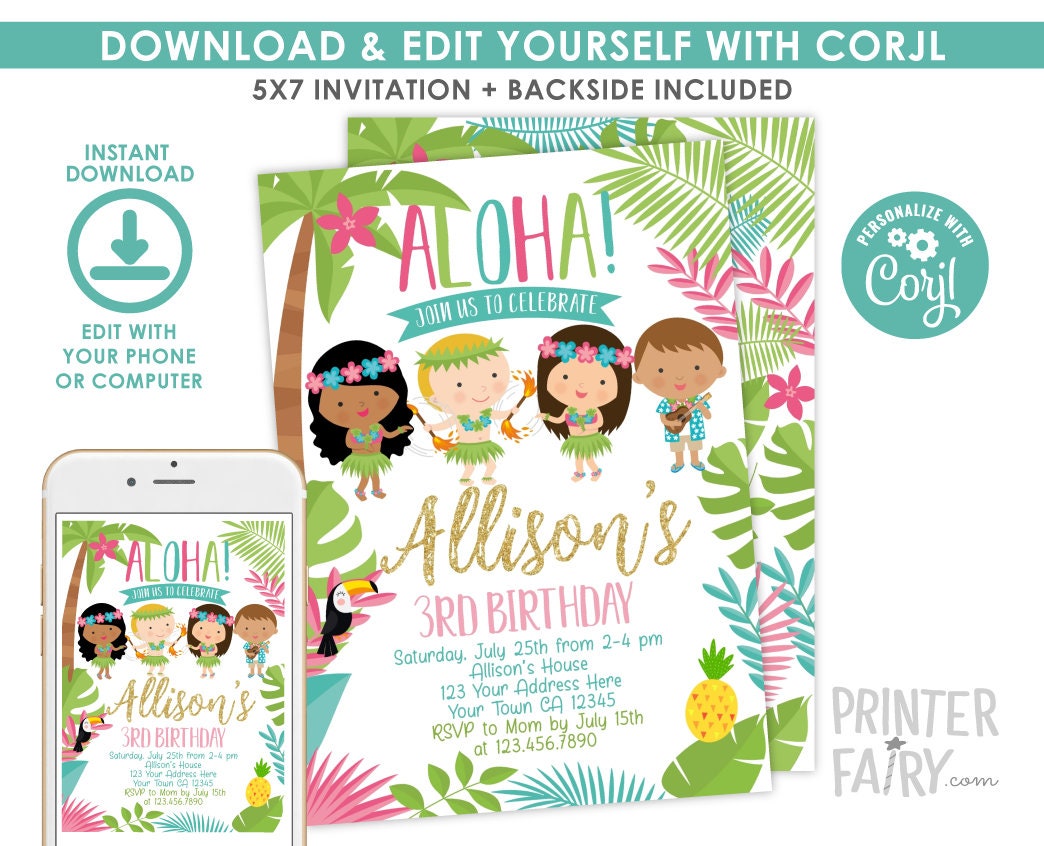 Editable Luau Birthday Invitation, Tropical Party (Instant Download)
