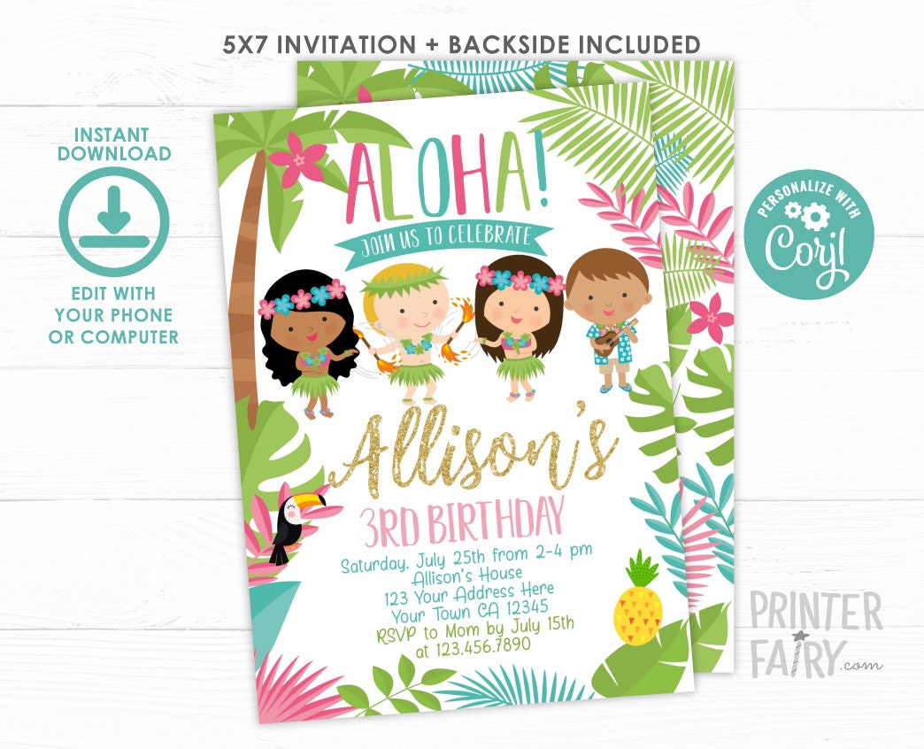 Editable Luau Birthday Invitation, Tropical Party (Instant Download)