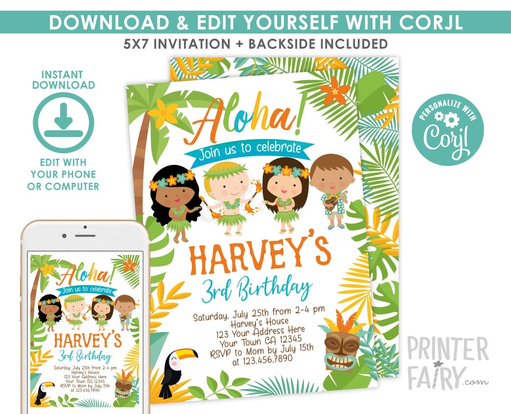 Editable Luau Birthday Invitation, Hawaiian Pool Party (Instant Download)