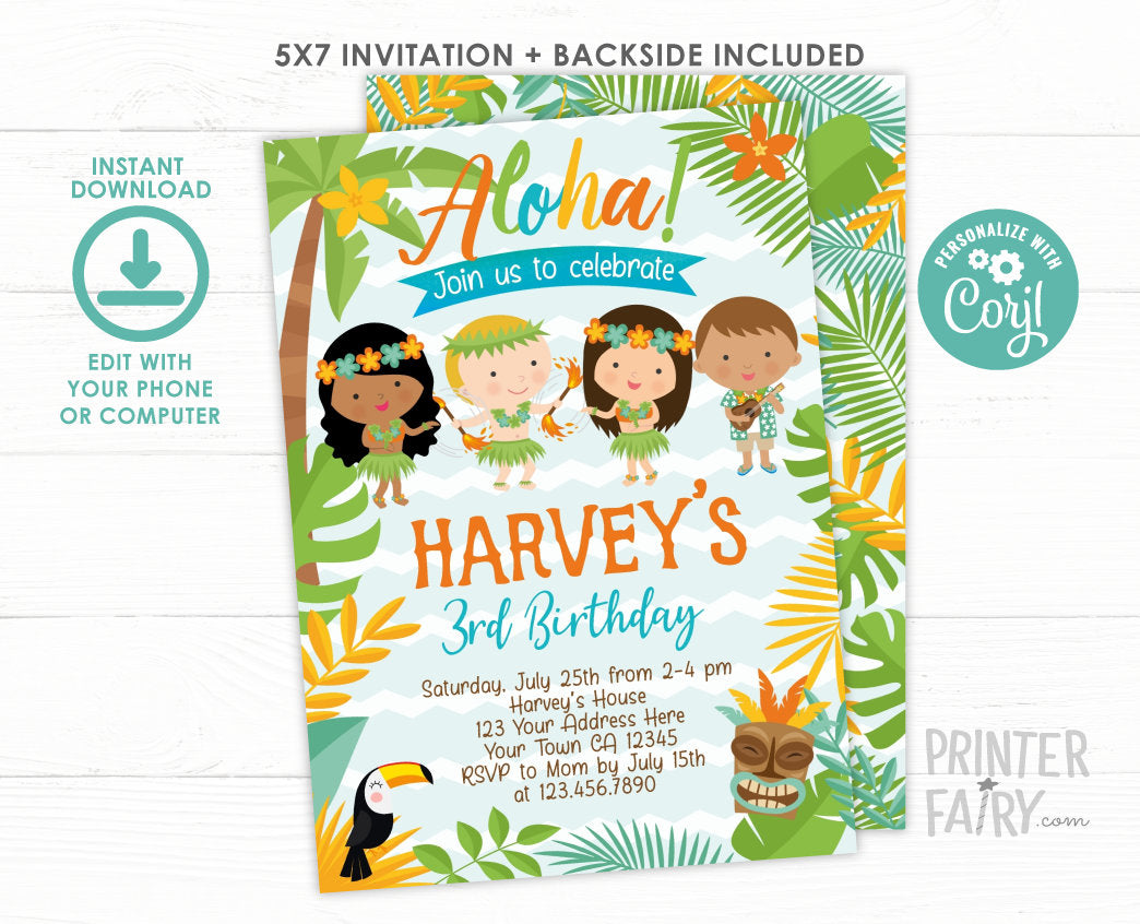 Luau Birthday Invitation, Editable Hawaiian Pool Party (Instant Download)