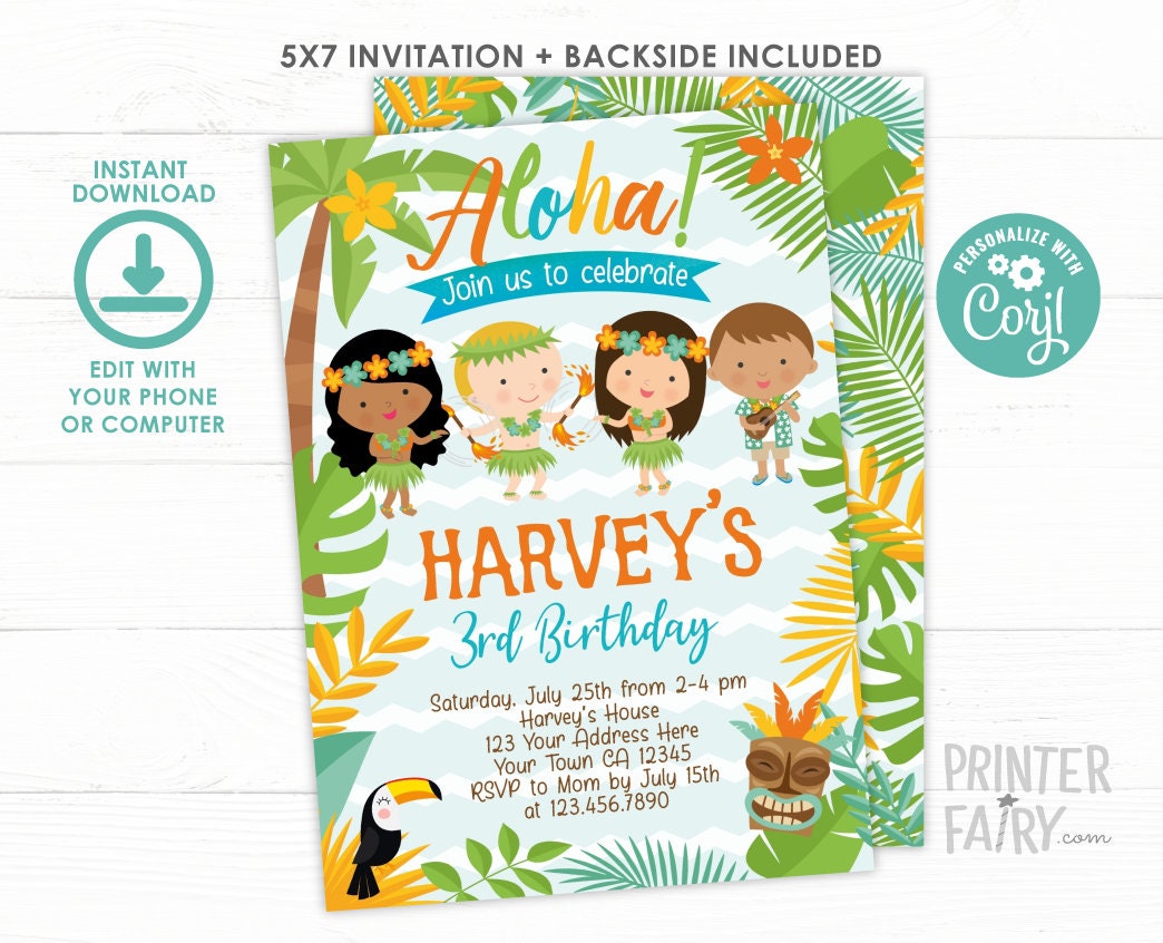 Luau Birthday Invitation, Editable Hawaiian Pool Party (Instant Download)