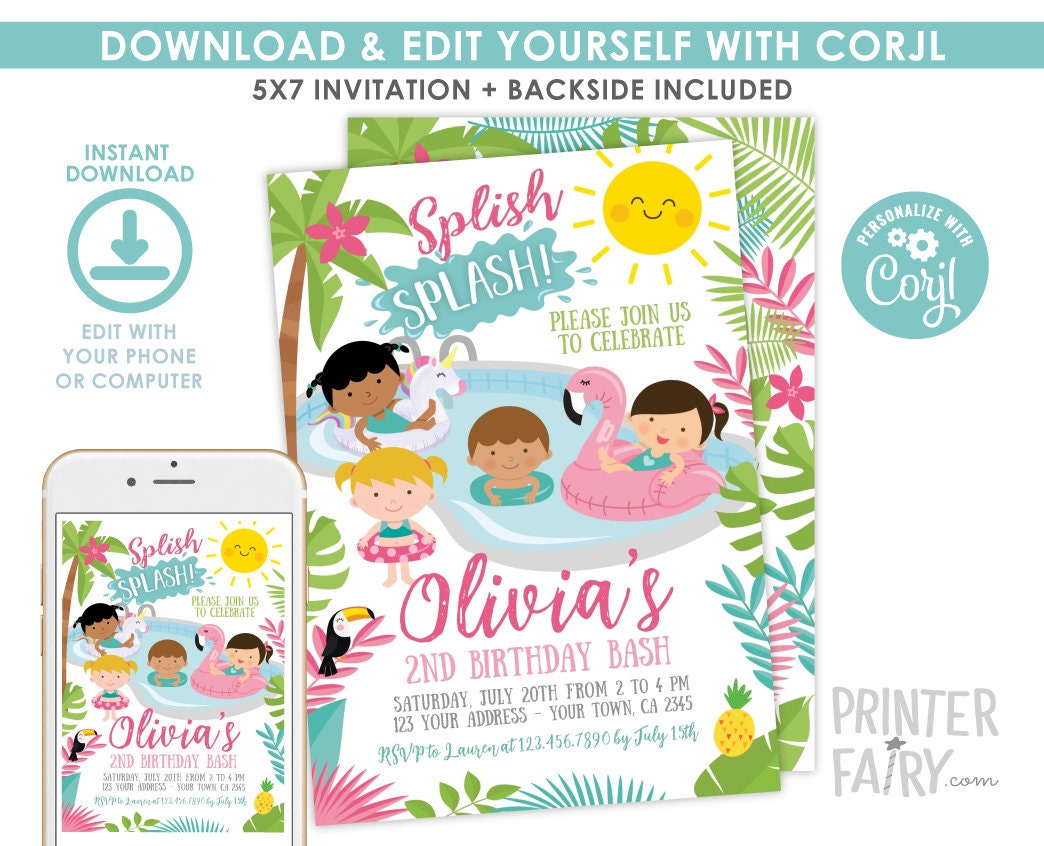 Flamingo Pool Party Invitation, Unicorn Float, Editable (Digital Download)