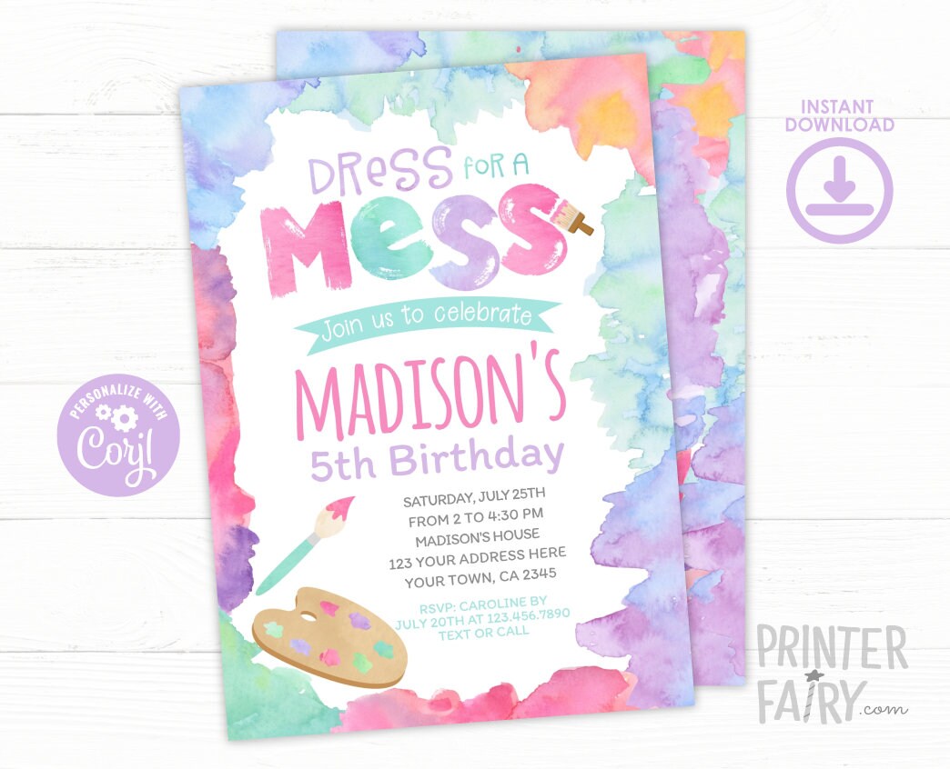Art Birthday Invitation Editable Template, Painting Party, Digital INSTANT DOWNLOAD