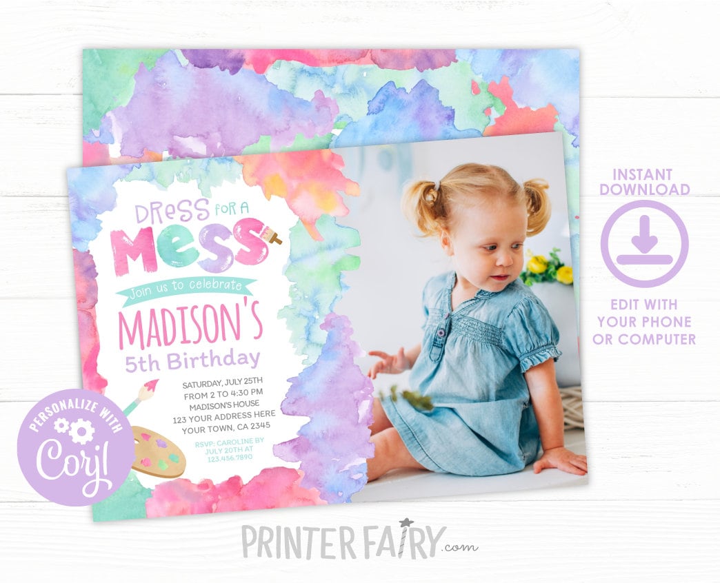 Art Birthday Invitation, Colorful Watercolor Paint (EDITABLE Digital Invite)
