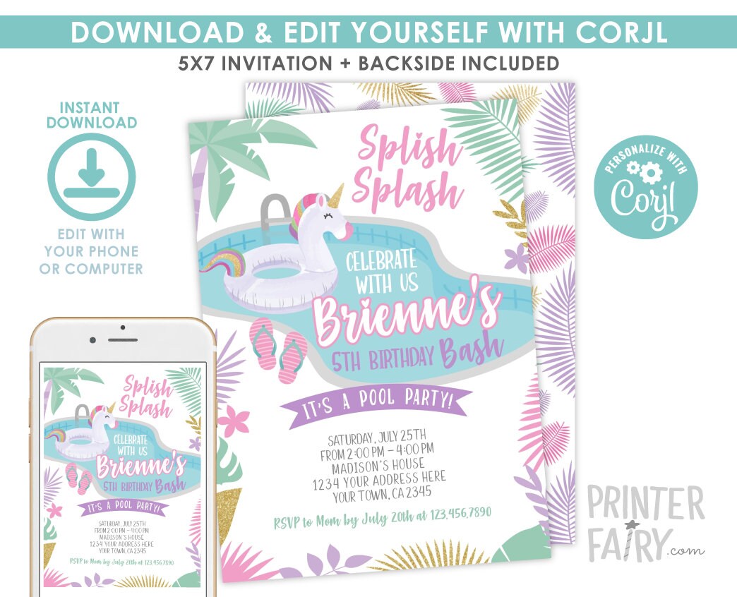 Unicorn Pool Party Invitation, Editable Summer Birthday (Instant Download)