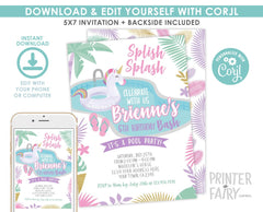 Unicorn Pool Party Invitation, Editable Summer Birthday (Instant Download)