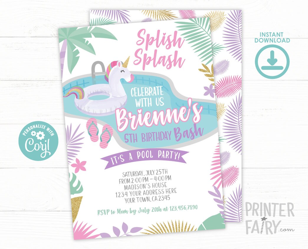 Unicorn Pool Party Invitation, Editable Summer Birthday (Instant Download)