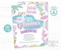 Unicorn Pool Party Invitation, Editable Summer Birthday (Instant Download)