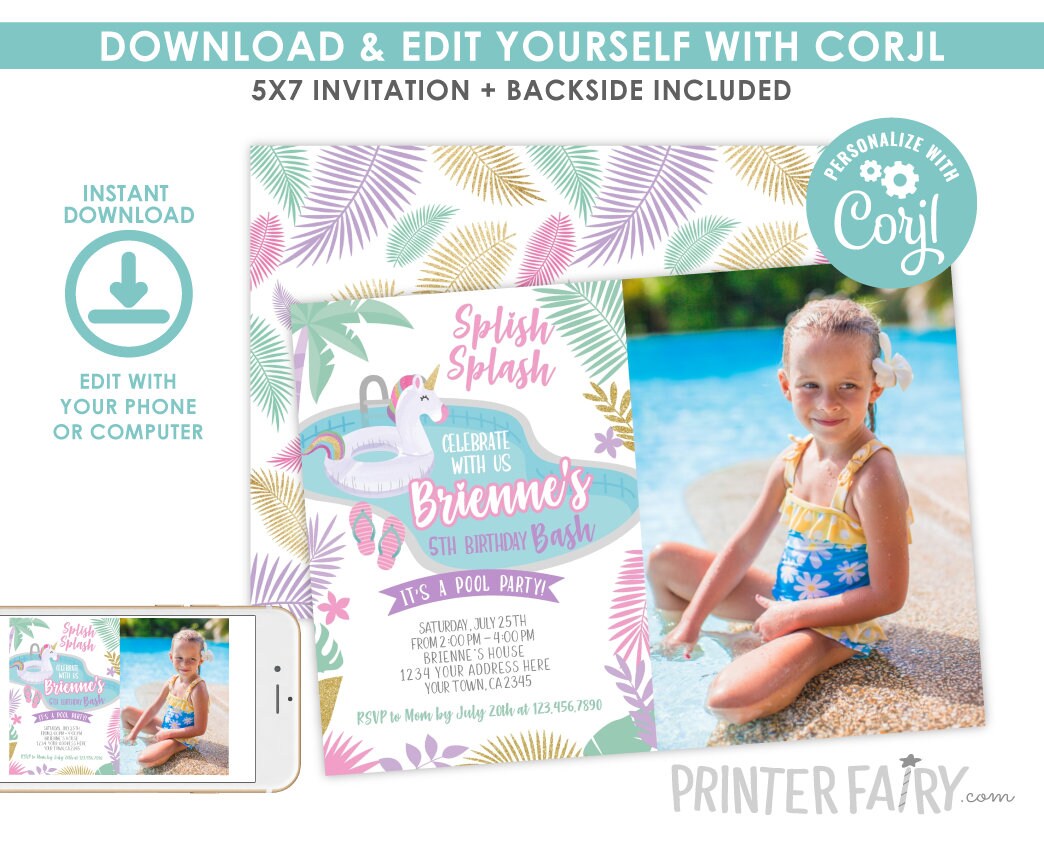 Unicorn Pool Birthday Invitation with Photo, Editable (Digital Download)