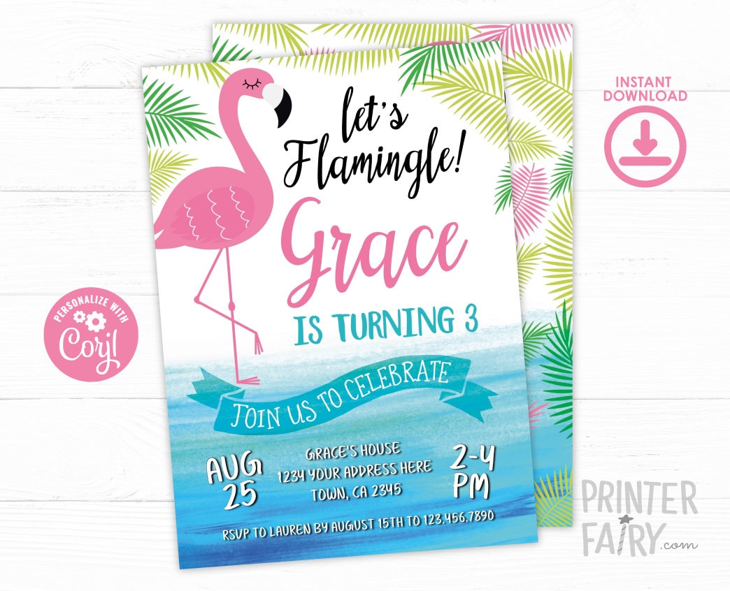 Flamingo Birthday Invitation, Editable Tropical Party (Instant Download)