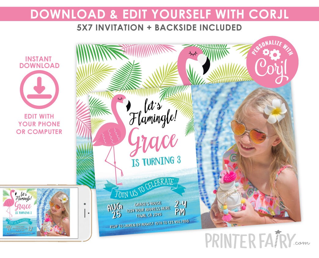 Flamingo Birthday Invitation with Photo, Editable Tropical Pool Party (INSTANT DOWNLOAD)