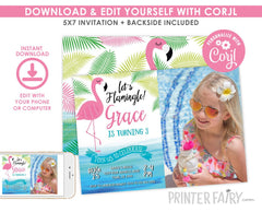 Flamingo Birthday Invitation with Photo, Editable Tropical Pool Party (INSTANT DOWNLOAD)