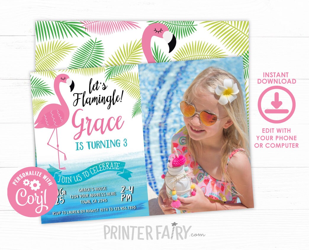 Flamingo Birthday Invitation with Photo, Editable Tropical Pool Party (INSTANT DOWNLOAD)