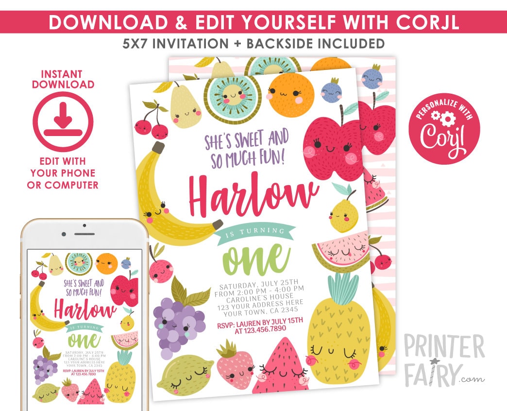 Tutti Frutti 1st Birthday Invitation Editable Template, Summer Party (Instant Download)