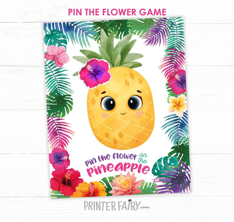 Pin the Flower on the Pineapple Game, Tropical Party (Digita Printable Instant Download)