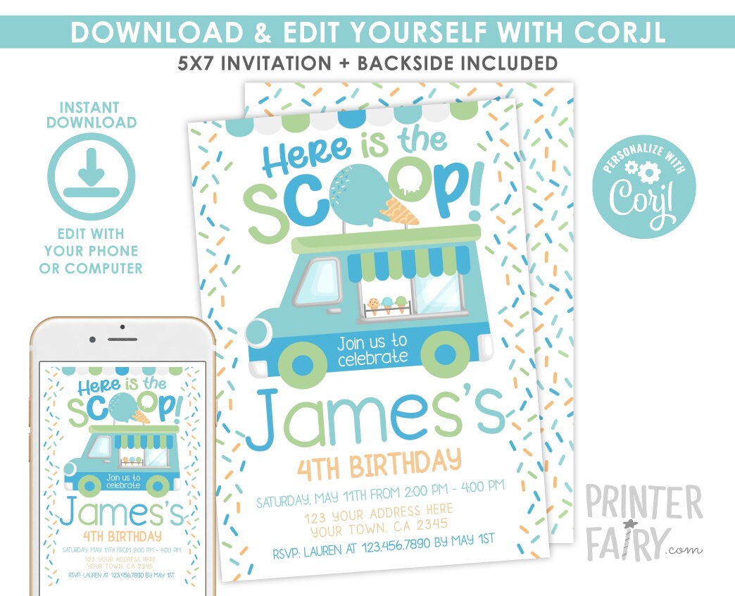 Ice Cream Truck Birthday Invitation, Editable Template (Instant Download)