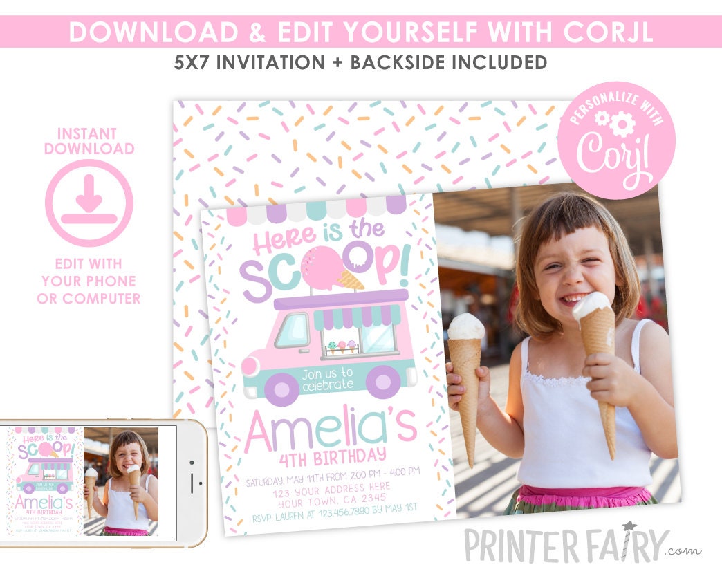 Ice Cream Truck Birthday Invitation, Editable Corjl Template (Digital Download)