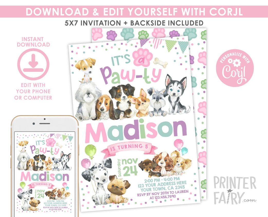 Puppy Pawty Birthday Invitation, Editable Dog Party Invite (INSTANT DOWNLOAD)