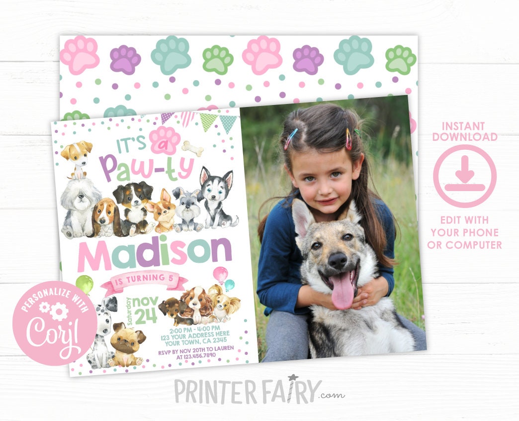 Puppy Pawty Birthday Invitation with Photo (INSTANT DOWNLOAD)