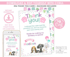 Puppy Pawty Thank You Cards Editable Template, Instant Download