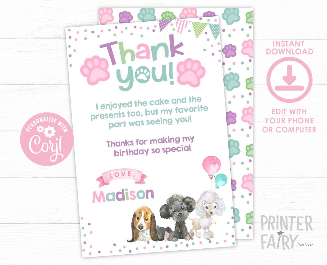 Puppy Pawty Thank You Cards Editable Template, Instant Download