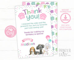 Puppy Pawty Thank You Cards Editable Template, Instant Download