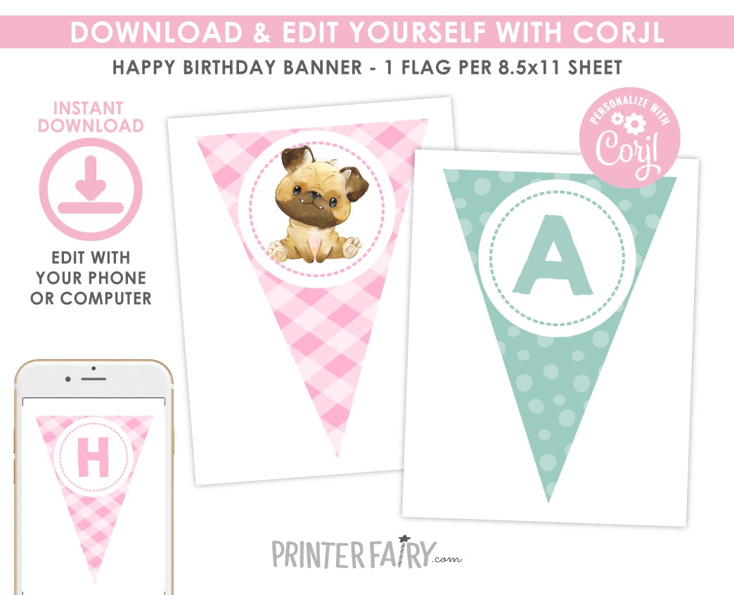 Puppy Pawty Birthday Banner Editable Template, Instant Download