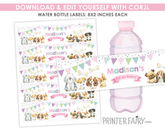 Puppy Birthday Water Bottle Labels, Editable Pet Party Decor (Instant Download)