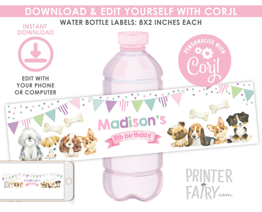 Puppy Birthday Water Bottle Labels, Editable Pet Party Decor (Instant Download)