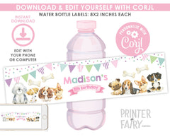 Puppy Birthday Water Bottle Labels, Editable Pet Party Decor (Instant Download)