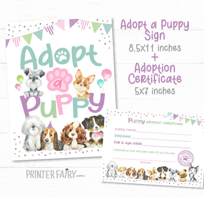 Puppy Adoption Certificate and Party Sign (Instant Download)