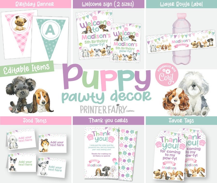 Puppy Birthday Party Decorations, Editable Dog Adoption Decor (Instant Download)
