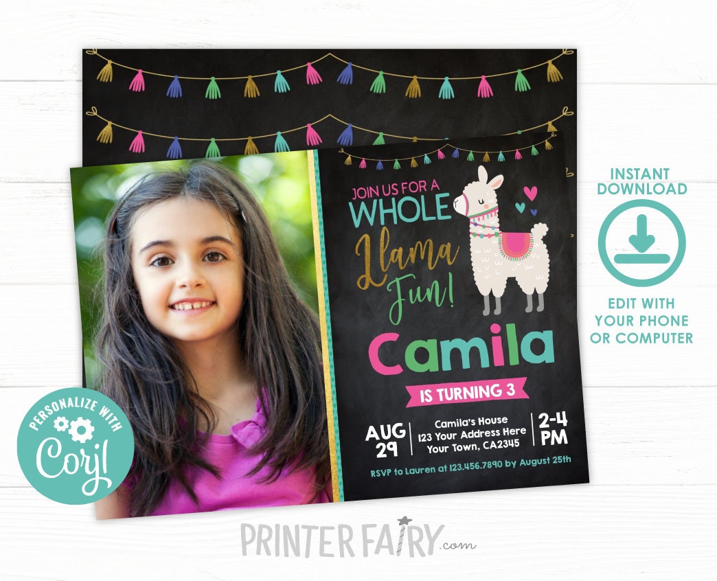 Llama Birthday Photo Invitation, Editable Alpaca Party (Instant Download)