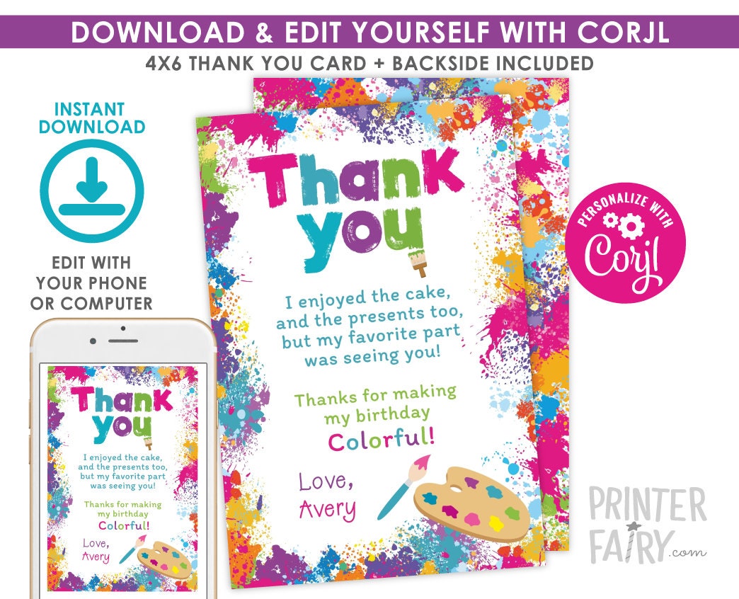 Art Birthday Thank You Cards, Editable Template (Instant Download)