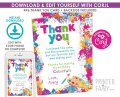 Art Birthday Thank You Cards, Editable Template (Instant Download)