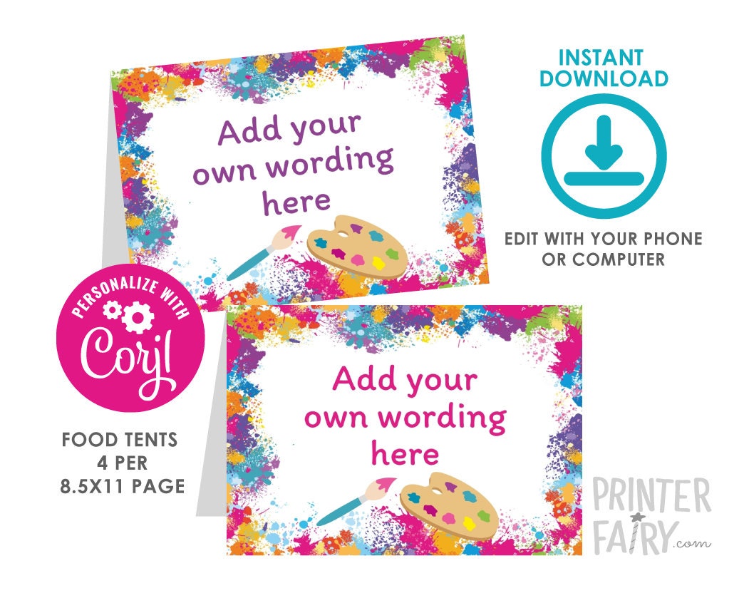 Art Party Food Tent Cards Place Cards, Editable Printable Buffet Labels, Instant Download