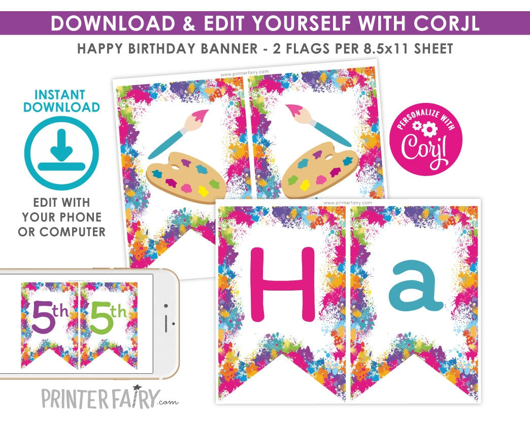 Art Party Birthday Banner, Editable Printable (Instant Download)