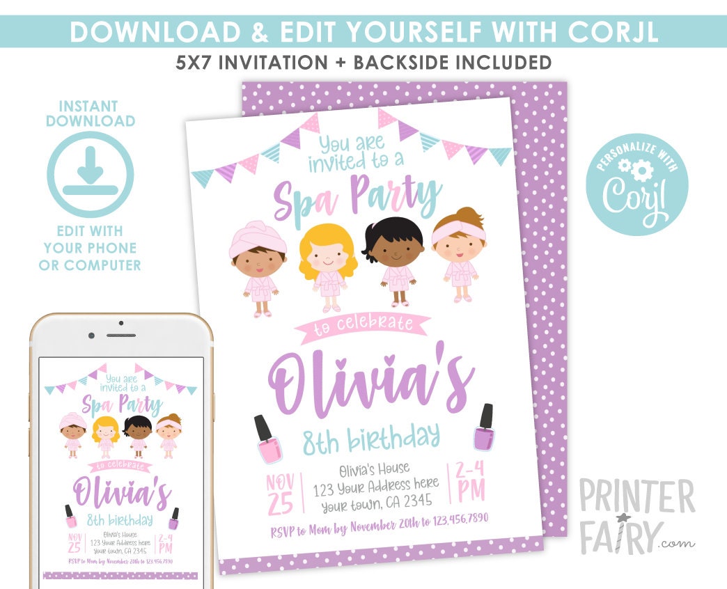 Spa Birthday Party Invitation, Editable Digital Invite (Instant Download)