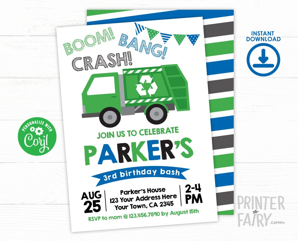 Trash Truck Birthday Invitation Editable Template, Recycle Party (INSTANT DOWNLOAD)