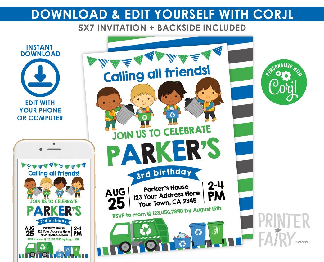 Editable Trash Truck Birthday Invitation (Instant Download)